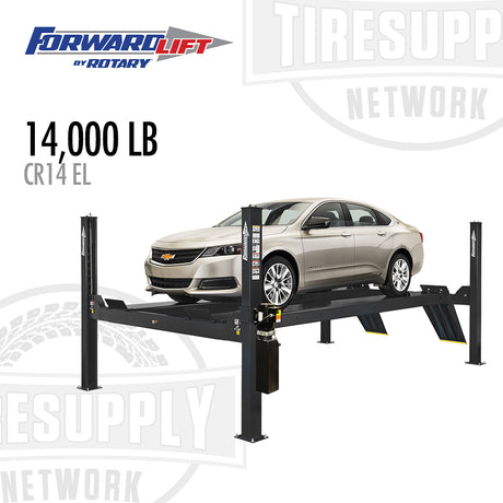 Car lift with a car on it, branded as Forward Lift by Rotary, on a white background. CR14N202Ybk Part Number CR14 EL
