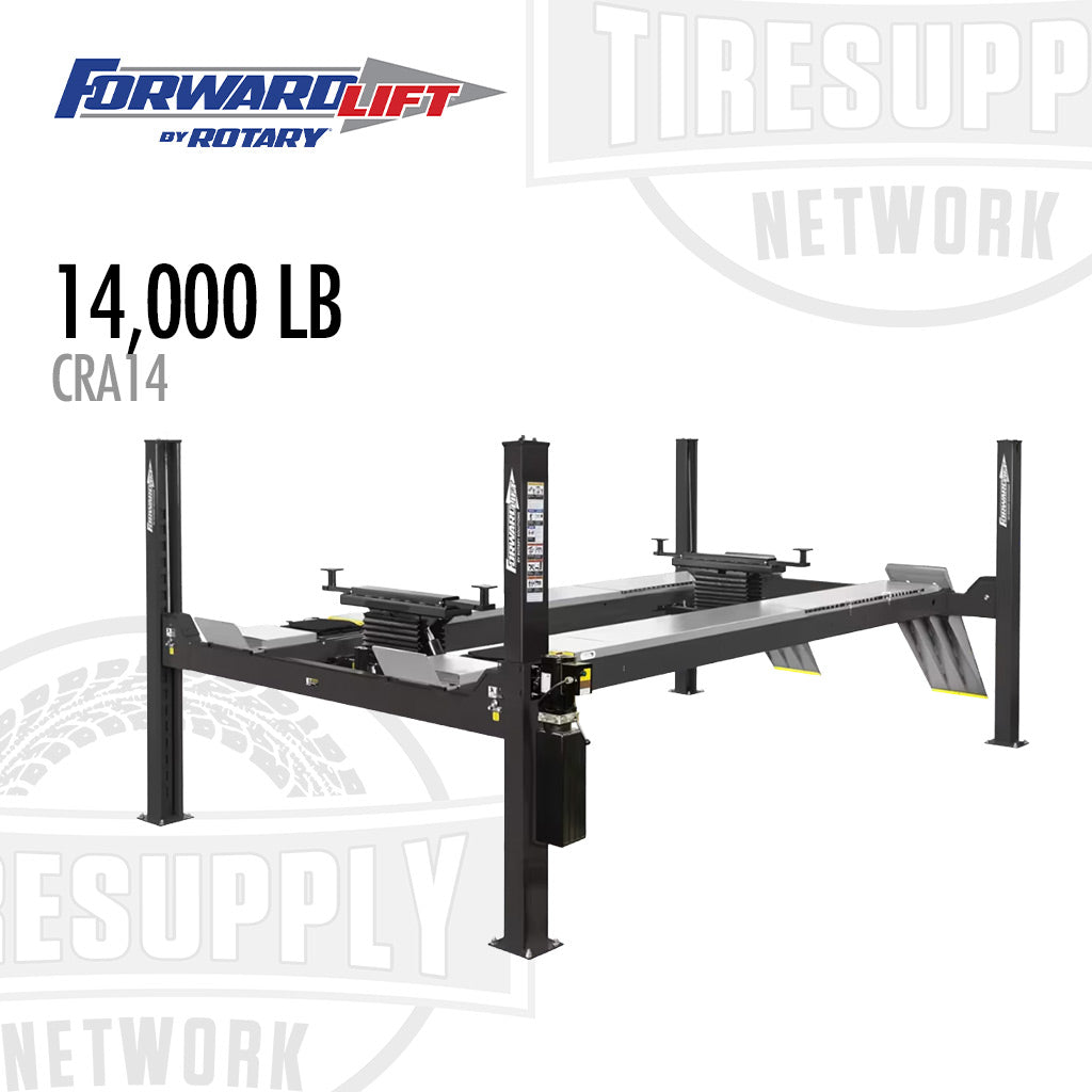 Two-post car lift with 14,000 LB capacity on a white background, featuring Forward Lift by Rotary branding. CRA14N201Ybk Part Number CR14