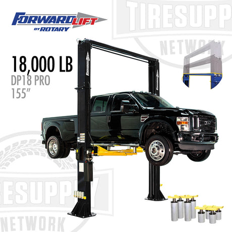 Black truck on a Forward Lift by Rotary vehicle lift with product details. DP18PN001BK