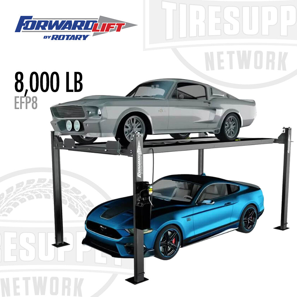 Two car lifts with a silver and blue car on a white background, featuring Forward Lift by Rotary branding. EFP8P300MBK Part # EFP8
