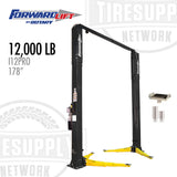 Car lift with 12,000 LB capacity on a white background, featuring Forward Lift by Rotary branding. I12N301