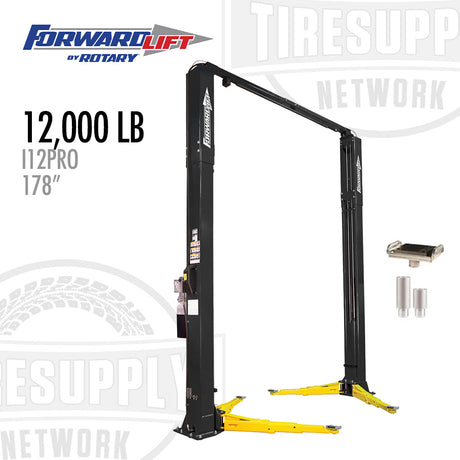 Car lift with 12,000 LB capacity on a white background, featuring Forward Lift by Rotary branding. I12N301