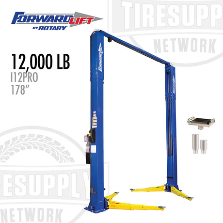 Blue and yellow car lift with 12,000 lb capacity on a white background, featuring Forward Lift by Rotary branding. I12N301