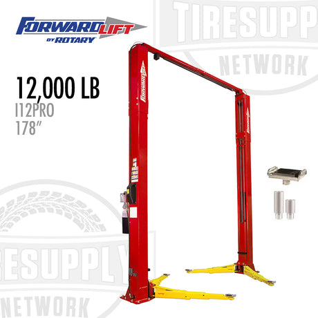 Red car lift with 12,000 lb capacity on a white background, featuring Forward Lift by Rotary branding. I12N301
