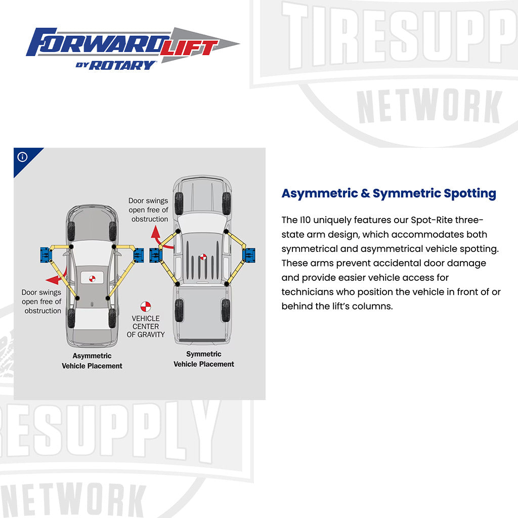 Forward Lift I10 | 2-Post Lift 10,000-lb Capacity - Symmetric Columns 3-Stage Spot-Rite Front Arms - Choose Color