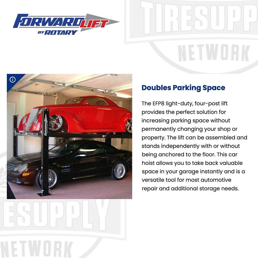 Forward Lift EFP9 | 4-Post Lift 9,000 lb Capacity - Vehicle Storage - 20″ Runways - Black