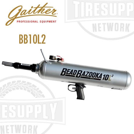 Gaither Bead Bazooka 10 Liter, a professional tire bead seating tool with a silver body and black trigger. BB10L2.