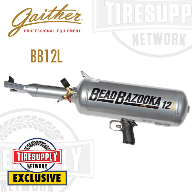 Gaither Bead Bazooka 12-liter tire bead seating tool with a trigger-style handle, predominantly silver in color, with branding and model number visible.