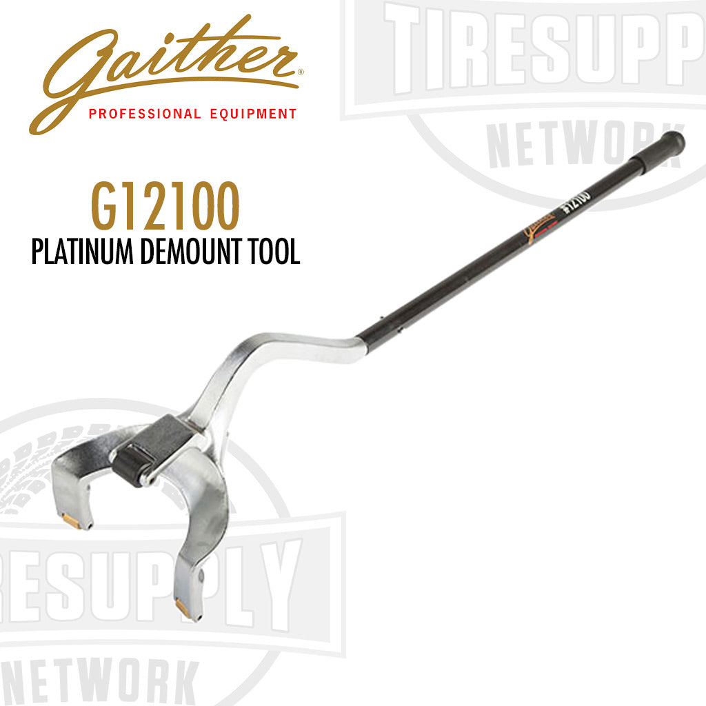 Gaither Platinum Demount Tool for tires, model G12100, with black handle and metal body, against a white background with the brand logo and tire supply network logo.