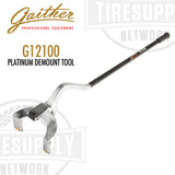 Gaither Platinum Demount Tool for tires, model G12100, with black handle and metal body, against a white background with the brand logo and tire supply network logo.
