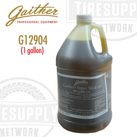 A 1-gallon container of Gaither Super Slick Em Tire Lubricant with a black label and yellow cap.