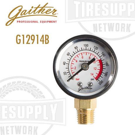 Gaither pressure gauge replacement part with a dial indicating pressure levels, brand logo, and model number G12914B.