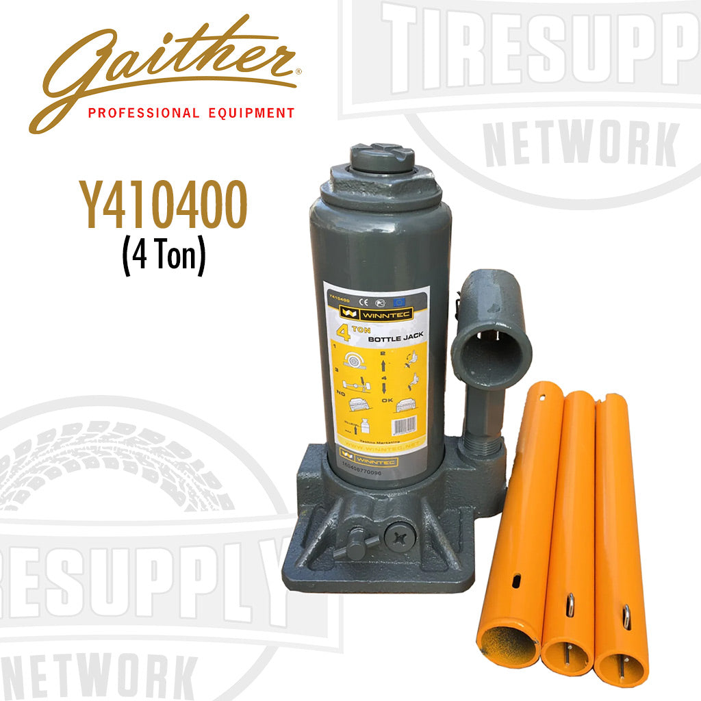 A Gaither 4 Ton Bottle Jack (Y410400) with chrome main ram and pump piston, along with orange extension screws.
