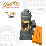 A Gaither 6 Ton Bottle Jack (Y410600) positioned vertically, featuring a gray body with orange extension screws.