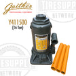A Gaither 16 Ton Bottle Jack (Y411500) in gray color with orange extension screws, featuring a chrome main ram and pump piston.