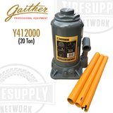 Gaither 20 Ton Bottle Jack (Y412000) with orange extension tubes, chrome main ram and pump piston, and gray body.