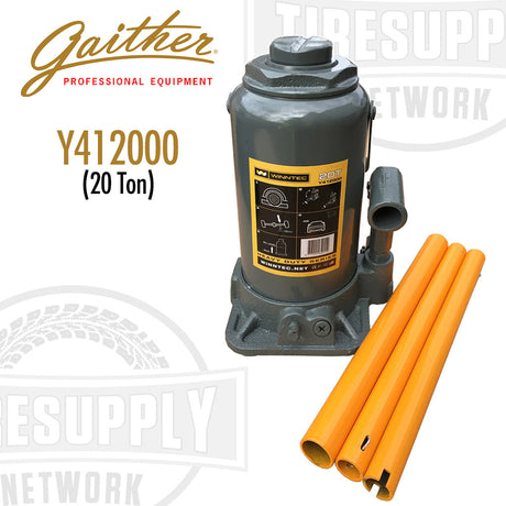 Gaither 20 Ton Bottle Jack (Y412000) with orange extension tubes, chrome main ram and pump piston, and gray body.