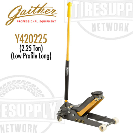 A black and yellow Gaither brand garage jack with a low profile and long chassis, model Y420225, with a capacity of 2.25 tons.
