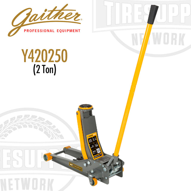 A yellow and gray Gaither 2 Ton Turbo Low Pro Garage Jack with PU Wheels (Model Y420250).