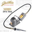 A Gaither brand low profile 20 ton air bottle jack with a chrome main ram and aluminum air motor, including a hose and an air filter. Y32021