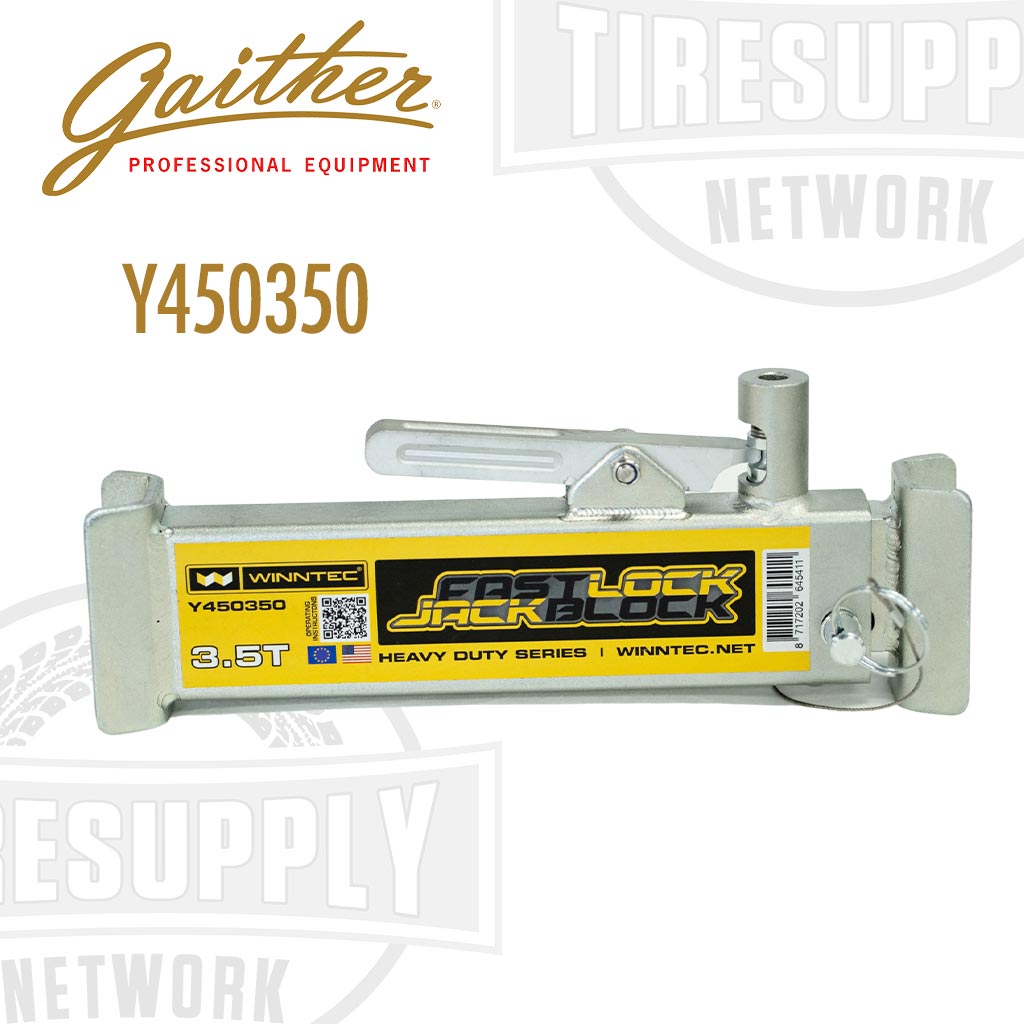 Gaither Fast Lock Jack Block, metal construction, primarily silver in color, with branding and product information displayed on a label. Y450350