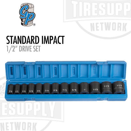 A set of standard impact sockets arranged in a blue plastic case, labeled for a 1/2 inch drive set, with the Grey Pneumatic logo at the top left. 1312