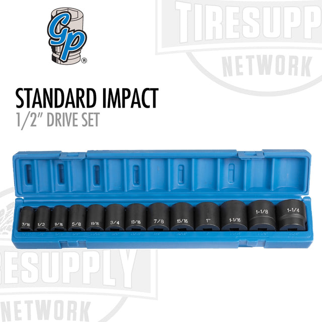 A set of standard impact sockets arranged in a blue plastic case, labeled for a 1/2 inch drive set, with the Grey Pneumatic logo at the top left. 1312