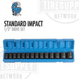 A set of standard impact sockets arranged in a blue tool box labeled 'Grey Pneumatic | 1/2" Drive Set', ranging in sizes from 10mm to 22mm. 1412M