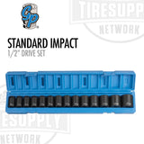 A set of standard impact sockets arranged in a blue tool box labeled 'Grey Pneumatic | 1/2" Drive Set', ranging in sizes from 10mm to 22mm. 1412M