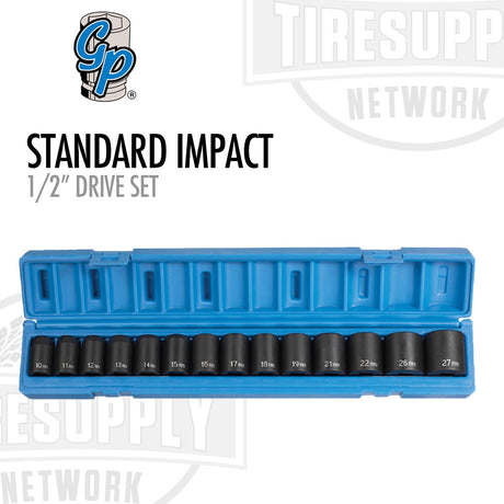 A set of standard impact sockets arranged in a blue tool box labeled 'Grey Pneumatic | 1/2" Drive Set', ranging in sizes from 10mm to 22mm. 1412M