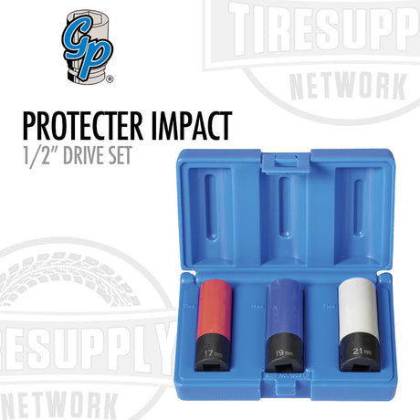 A set of Grey Pneumatic 1/2" drive deep length protector impact sockets in sizes 2017MTP, 2019MTP, and 2021MTP, displayed in an open blue case with a red, blue, and white socket visible.