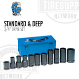 A set of Grey Pneumatic standard and deep length impact sockets displayed in a blue tool box with the brand logo and text 'Standard & Deep 3/4' on the top. The sockets are in black color and appear to be made of metal. 8032