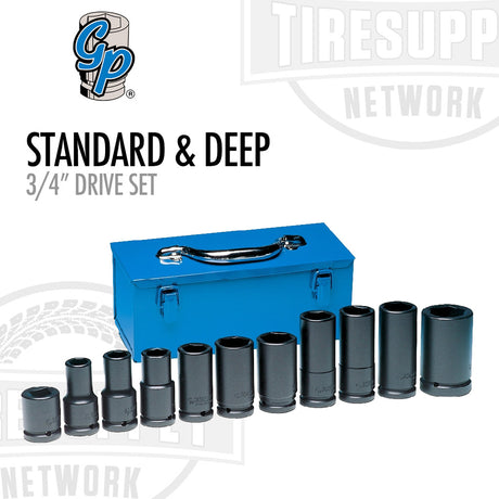 A set of Grey Pneumatic standard and deep length impact sockets displayed in a blue tool box with the brand logo and text 'Standard & Deep 3/4' on the top. The sockets are in black color and appear to be made of metal. 8032