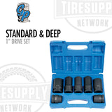 A set of Grey Pneumatic 1-drive sockets in standard and deep lengths, displayed in a blue organizer with the brand logo and 'Standard & Deep' text. 9007