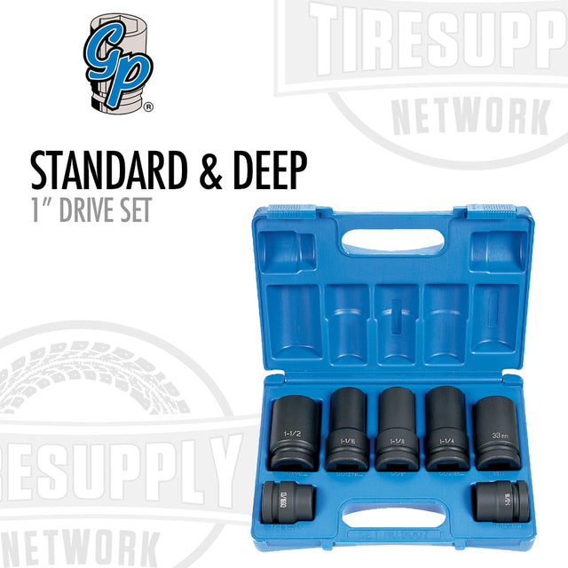 A set of Grey Pneumatic 1-drive sockets in standard and deep lengths, displayed in a blue organizer with the brand logo and 'Standard & Deep' text. 9007