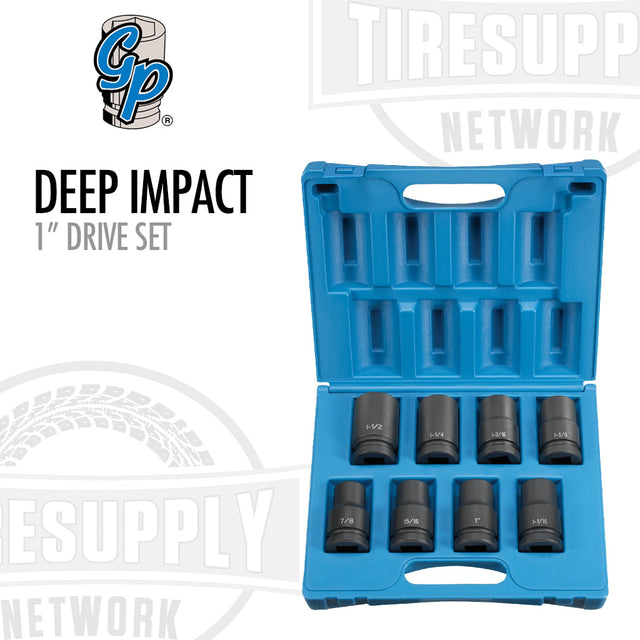 A set of deep impact sockets in various sizes, displayed in an open blue case with the Grey Pneumatic logo at the top left corner. 9108D