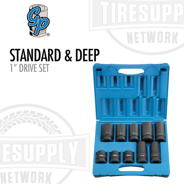 A set of Grey Pneumatic 1-drive sockets in standard and deep lengths, displayed in a blue organizer with the Tire Supply logo and the brand's logo on the top. 9108D