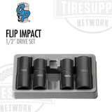 A set of black sockets organized in a gray holder, labeled as Grey Pneumatic 1/2" drive flip impact set.