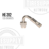 A 135-degree bent extension valve for vehicle tires, with the product label HE-202 displayed.