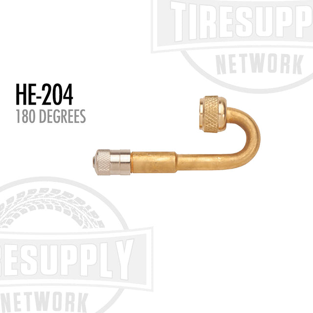 A gold-colored 180-degree bent extension valve for vehicle tires, with the product label HE-204
