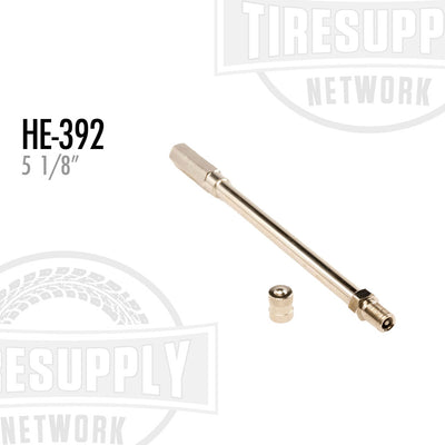 A 5 1/8 inch straight long collar extension for vehicle valve stems, with a double seal feature, displayed against a white background with the product number HE-392 visible.
