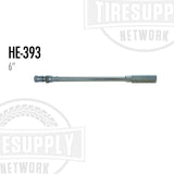 A 6 inch straight long collar extension for truck valve stems, with a double seal feature, displayed against a white background with the product label HE-393 visible.