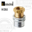 A Haltec Standard Bore Lock-On Air Chuck (H-5265) with a brass body and steel components, featuring a threaded nipple and a knurled grip surface.