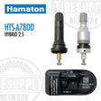 The image shows a Hamaton U-Pro Hybrid 2.5 Universal TPMS Sensor with dual valve stems, one rubber snap-in and one metal clamp-in, along with its black housing.