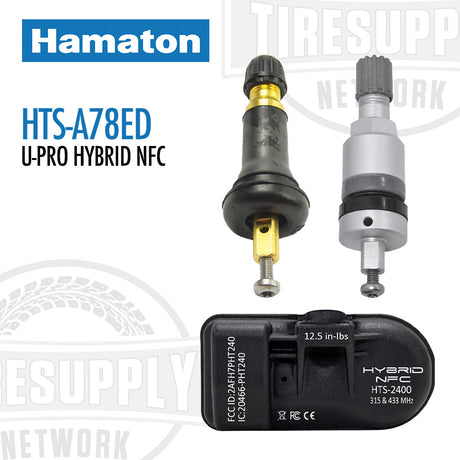 An image showcasing the Hamaton U-Pro Hybrid NFC TPMS Sensor with dual valve stems, one rubber snap-in and one metal clamp-in, along with the sensor's electronic component.