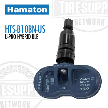 A Hamaton U-Pro Hybrid BLE Bluetooth TPMS Sensor with a black clamp-in valve. The sensor is rectangular with a gloss black finish and has the branding and model details printed on it.
