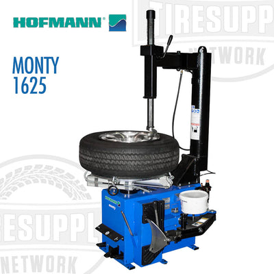A blue and black Hofmann Monty 1625 swing-arm tire changer machine, with a tire mounted on it, designed for changing vehicle tires. MONTY1625B