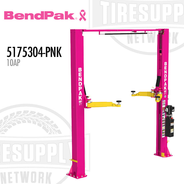 Pink two-post car lift with BendPak branding on a white background. 5175304-PNK-10AP