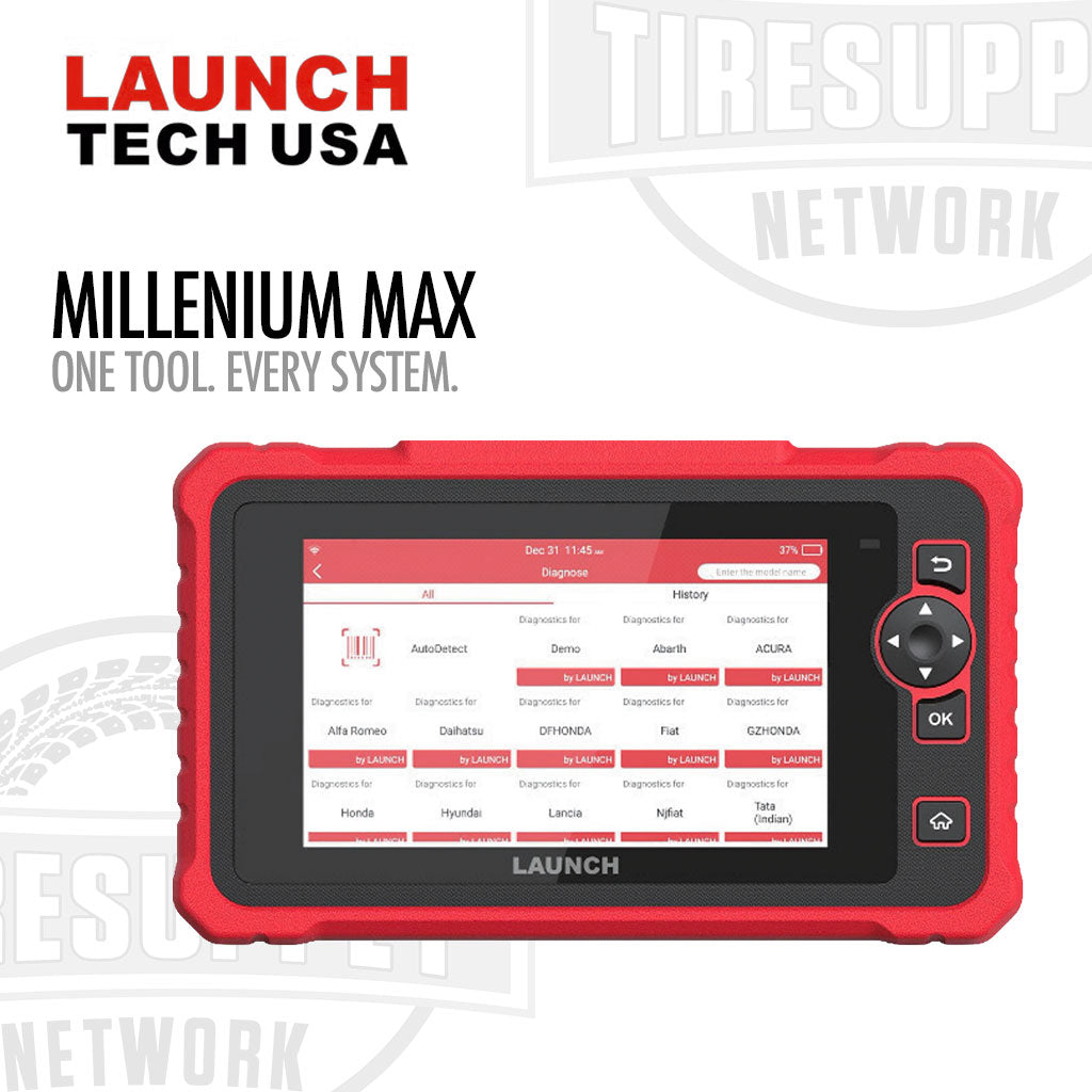 Launch Tech USA Millennium Max diagnostic scanner tool with a red protective casing and a screen displaying a red and white diagnostic interface.