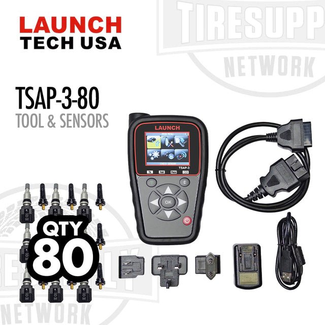 Launch Tech USA TSAP-3-80 tool and sensors set on a white background with visible branding.